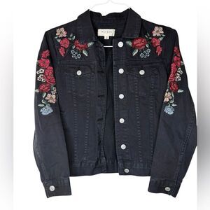 PacSun Dark Jean Jacket with Floral Embroidery Size XS